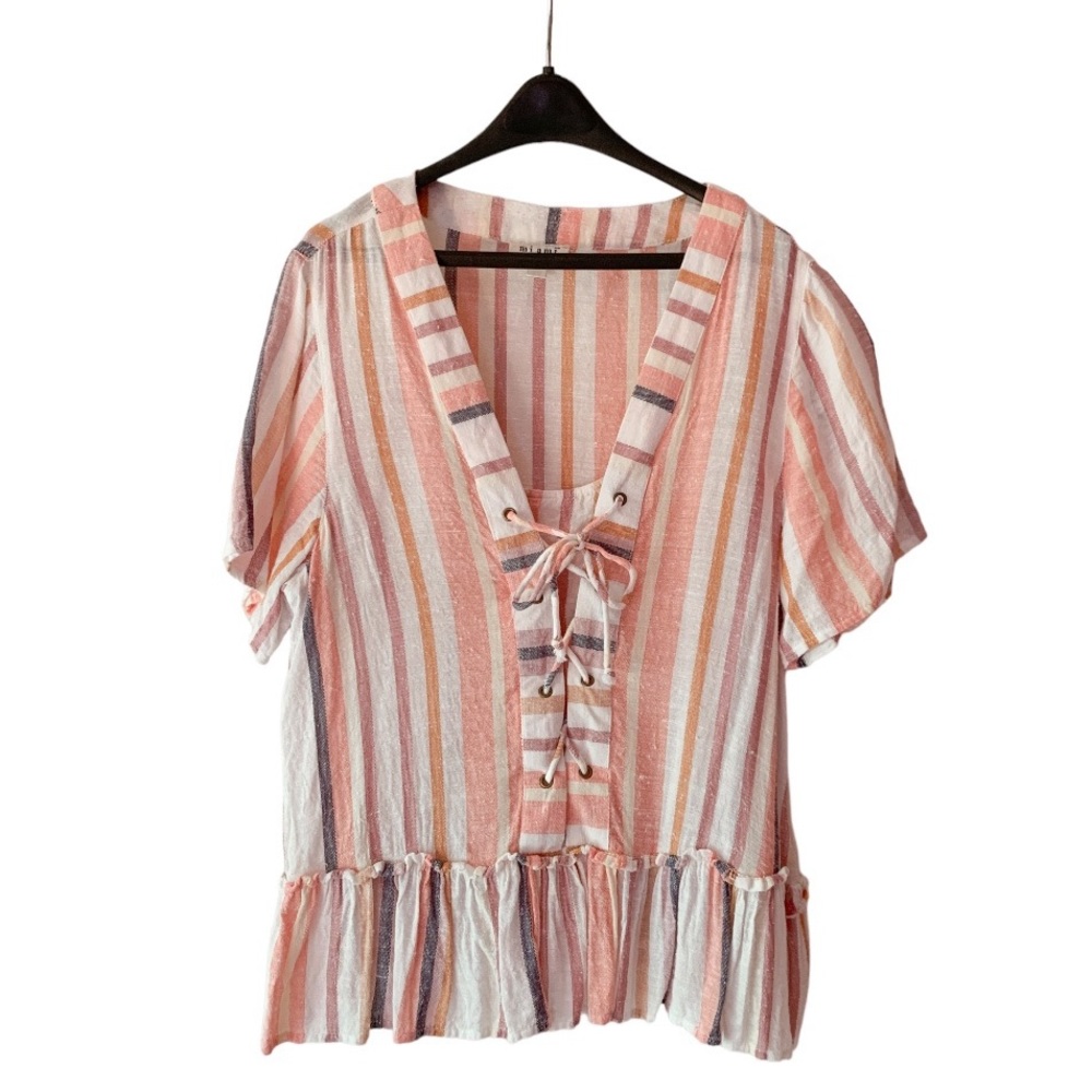 Miami Pink Striped Lace-Up Top, SIZE MEDIUM